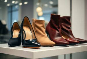 A stylish display of four pairs of women's shoes on a white shelf features chic black patent leather heels, beige ankle boots, and two pairs of red heeled boots. These fashionable shoes not only make feet look smaller but also offer trendy options for fashion enthusiasts in a contemporary retail environment.