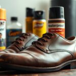 A pair of polished brown smooth leather dress shoes lies on a table, surrounded by various shoe care products, including waterproofing spray and other better alternatives like bottles and sprays labeled "Helaint," "Gayert," and "Heaterproof.