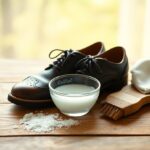 A pair of polished black dress shoes sits on a wooden surface next to a small bowl of soapy water, a brush, and a cloth. Salt is scattered nearby, indicating a shoe cleaning process.