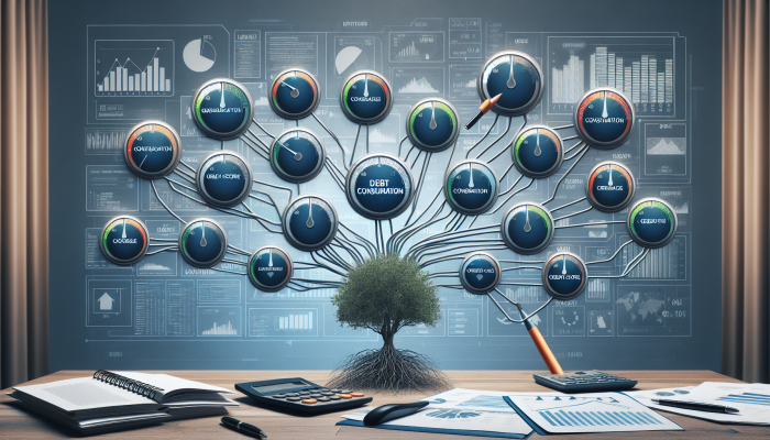 Illustration of debt consolidation paths impacting credit score, financial planning background.