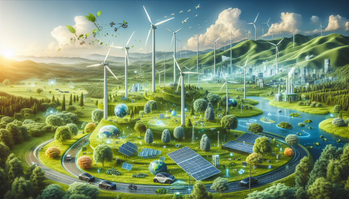 Eco-Friendly Financial Solution: Green Debt Consolidation Loans | DCL A serene landscape featuring solar panels, wind turbines, lush greenery, and electric vehicles, symbolizing eco-friendly initiatives funded by green loans.