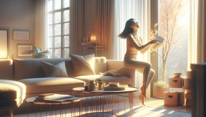 A serene, clutter-free living room in spring light, symbolizing mental clarity and well-being.