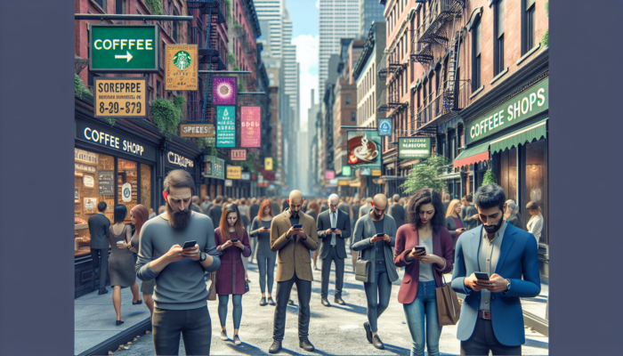A busy city street with people using smartphones to find local coffee shops with visible online listings.