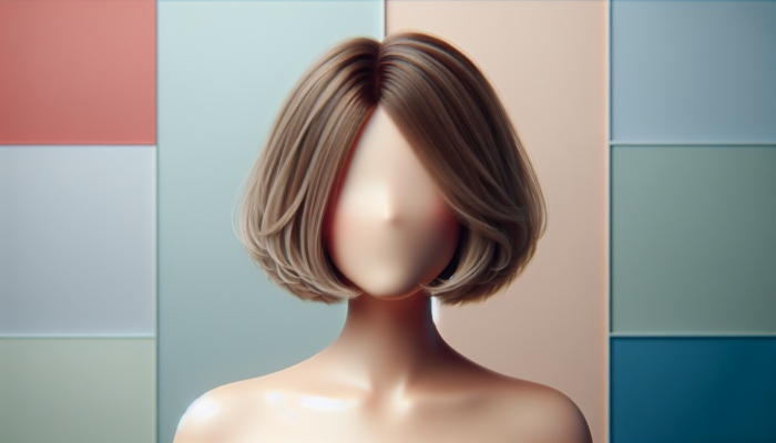 Short Haircuts for Women: Woman with round face and layered bob, styled to elongate face, on pastel background.
