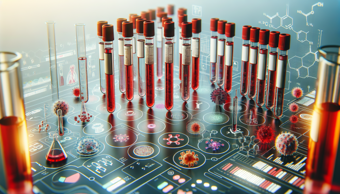 A scientific illustration of blood test tubes showing allergy detection through antibody reactions in a lab.