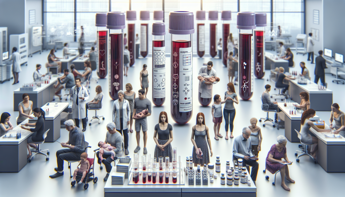 A diverse group undergoing blood tests in a modern facility, with vials and allergy results displayed.