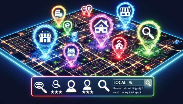 A digital map showing local businesses with ratings, highlighting top three in "local pack" with increased traffic.
