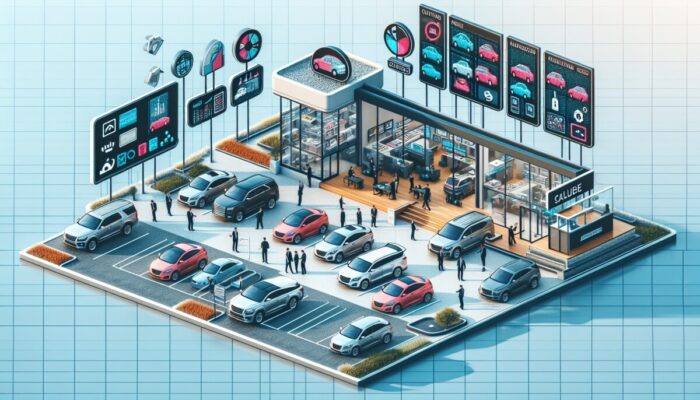 A busy car rental office with various vehicles, customers using digital screens, staff assistance, and visible rental policies and promotions.