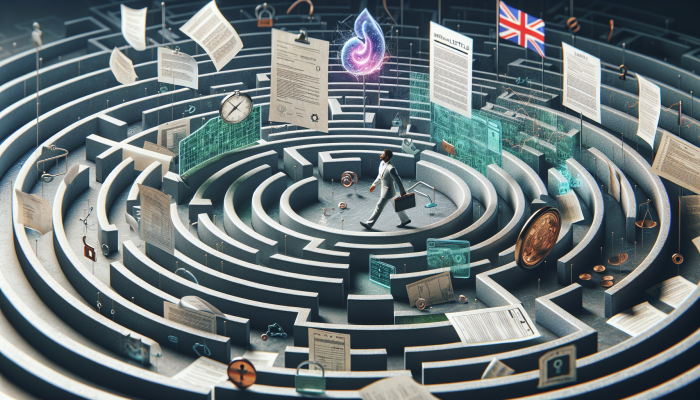 Individual navigating through a maze of privacy rights with legal documents and medical records, under the UK flag.