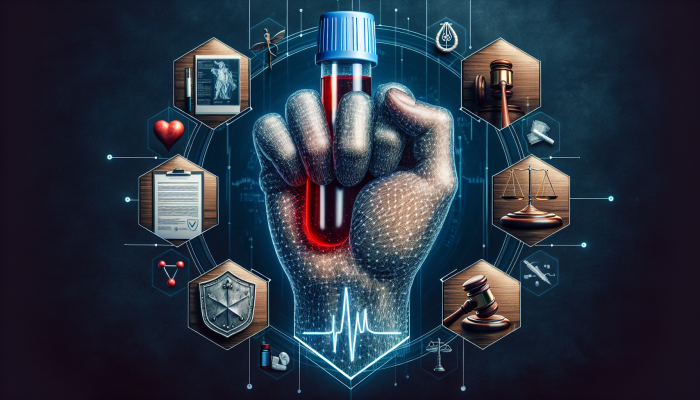 Individual holding a blood test vial, surrounded by privacy and legal symbols, with medical and legal documents.