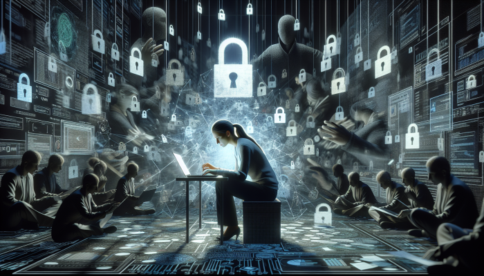 Individual in distress contacting support amidst scattered digital files and locks, shadowy figures symbolize privacy breach.