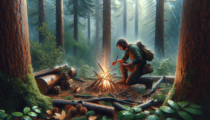 Surviving Alone in the Wilderness: Person using bow drill to start fire in rain, surrounded by dry leaves, pine needles, and wood.