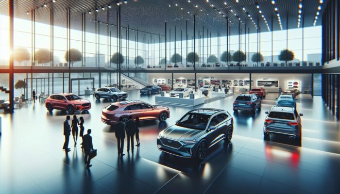 A diverse fleet of rental cars in a modern showroom with high customer satisfaction ratings displayed.