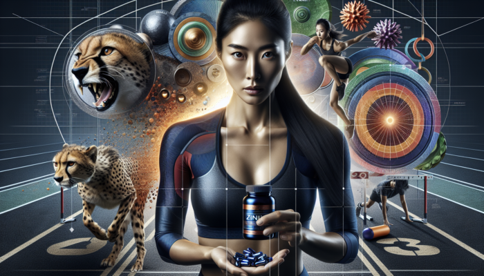 An athlete with a zinc supplement, surrounded by symbols of immunity and performance on a dynamic sports background.