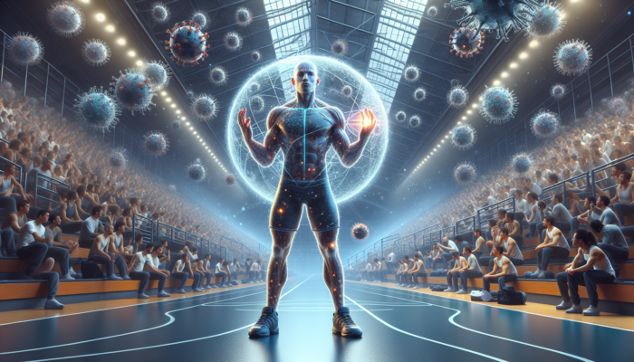 Athlete in a crowded gym with protective gear, surrounded by pathogens, shielded by a strong immune system.