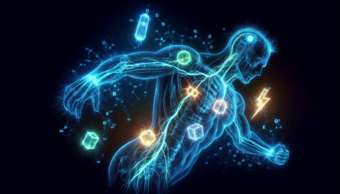 Illustration showcasing sodium, potassium, magnesium, and calcium ions flowing through a hydrated body during athletic activity.