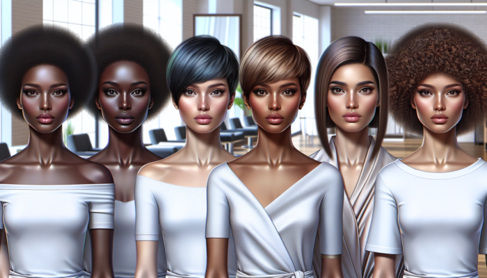 Women sporting short hairstyles customized to their unique face shapes in a modern salon setting.