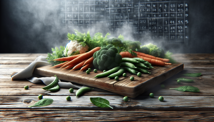 Crisp vegetables like carrots, broccoli, and snap peas on a rustic table, with steam rising.