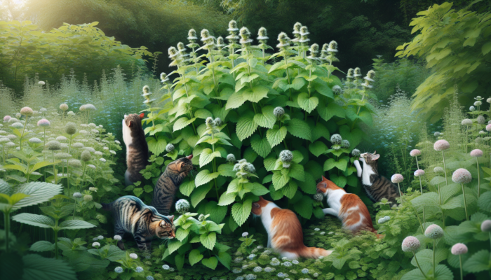 Cats playing with Nepeta cataria, showcasing square stems, serrated leaves, and small white flowers in a garden.