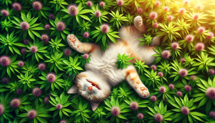 A joyful cat rolling in a lush field of catnip grass featuring vibrant green leaves and tiny purple flowers.