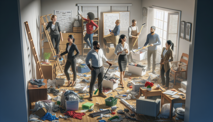 Affordable House Clearance Services: Professional team clearing cluttered home, leaving spacious, organized room; relieved homeowner enjoys new space.