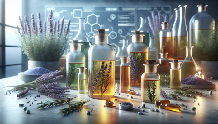 Glass bottles of herbal oils featuring lavender and rosemary set in a tranquil apothecary environment.
