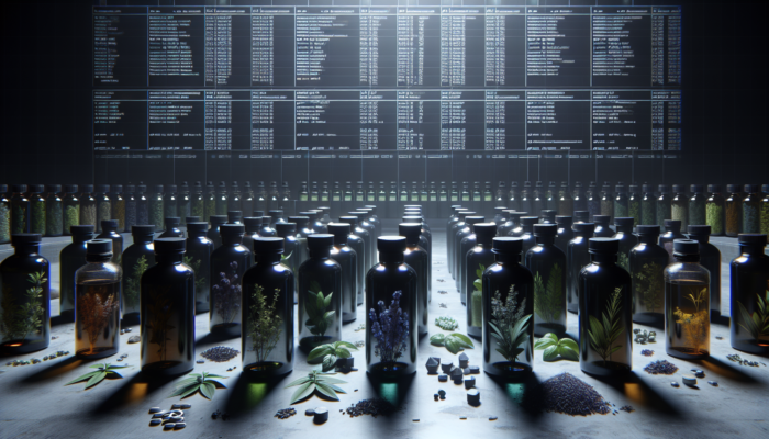 Dark glass bottles filled with herbal oils, properly labeled, stored in a cool, dark environment, showcasing various colors and consistencies.