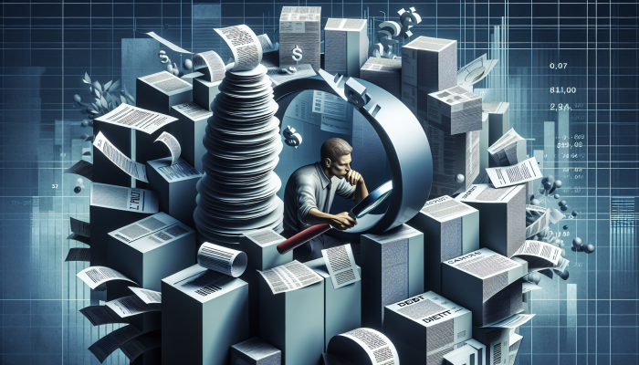 Navigating Debt Consolidation Setbacks: A Comprehensive Guide | DCL Individual Examining Financial Documents with a Magnifying Glass, Surrounded by Debt Charts
