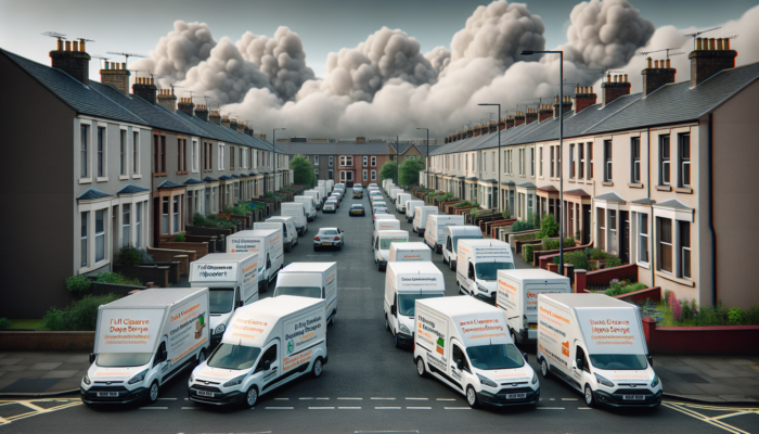 A Glasgow street scene with house clearance vans labeled for different services parked outside homes under a cloudy sky.
