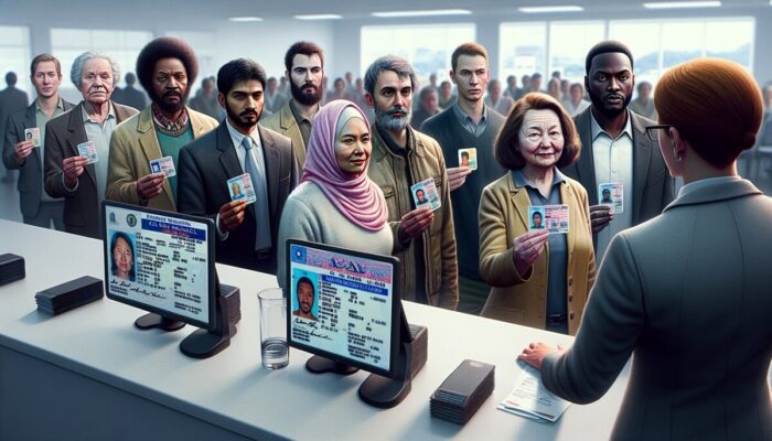 Diverse group showing different driver's licenses at rental counter, agents scrutinizing.