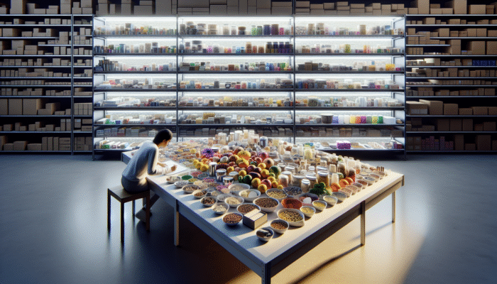 A person categorizing assorted items on a table, surrounded by neatly organised shelves.