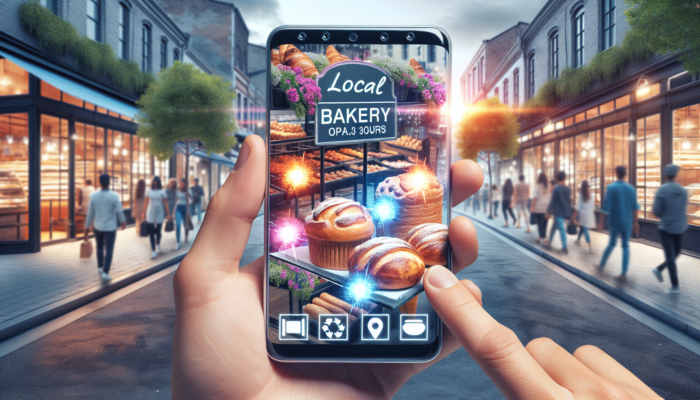 A local bakery's Google My Business profile on a smartphone, showcasing delicious pastries, business hours, and customer reviews, situated on a busy street.