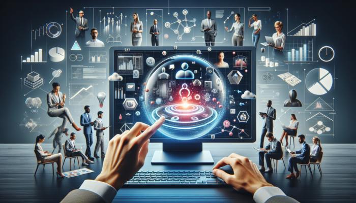 Digital workspace displaying Google My Business on screen, with experts collaborating on strategies to enhance online visibility.