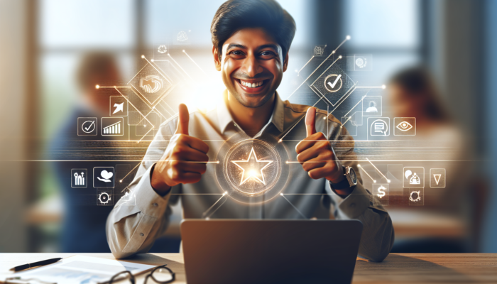 A local business owner smiling while interacting with customers online, surrounded by positive feedback and a reputation icon.