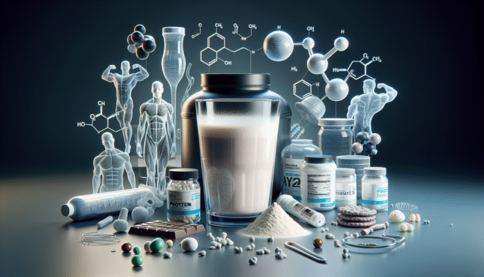 Understanding the Basics of Whey Protein: A clear glass of creamy whey protein liquid with amino acids, muscle fibers, and protein products.