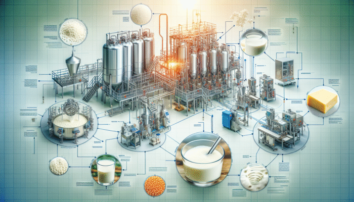 A visual guide illustrating whey protein production from milk to supplement, focusing on extraction and processing in a modern facility.