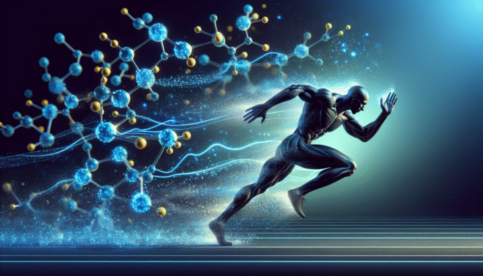 Athlete sprinting with glowing blue beta-alanine and carnosine molecules, showcasing enhanced muscle endurance.