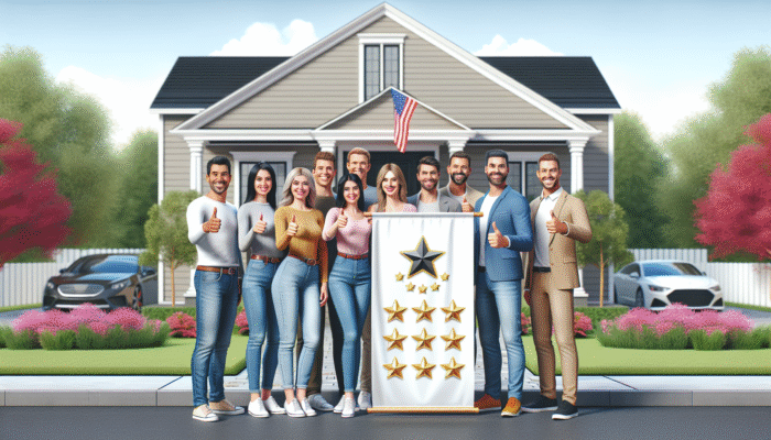 Satisfied homeowners giving thumbs-up in front of their home, showcasing a banner featuring top-rated home service logo and reviews.