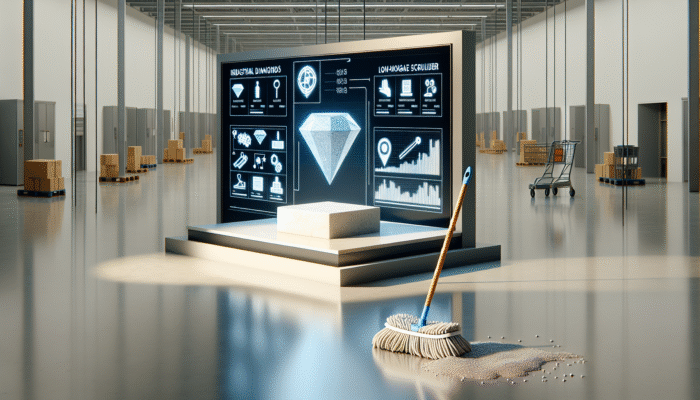 Industrial diamond tools and low-moisture scrubbers gently treating stone, creating a lasting shine, compared to a standard supermarket mop.
