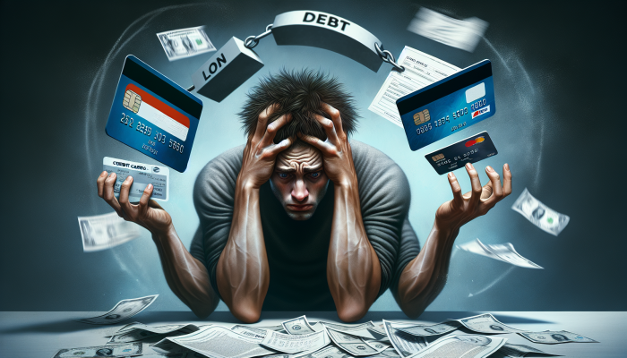 A person stressed, juggling credit cards and a loan document amidst scattered bills, with a looping debt cycle symbol.