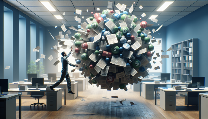 Person consolidating multiple small debts into one manageable loan, symbolizing financial relief in an organized office.