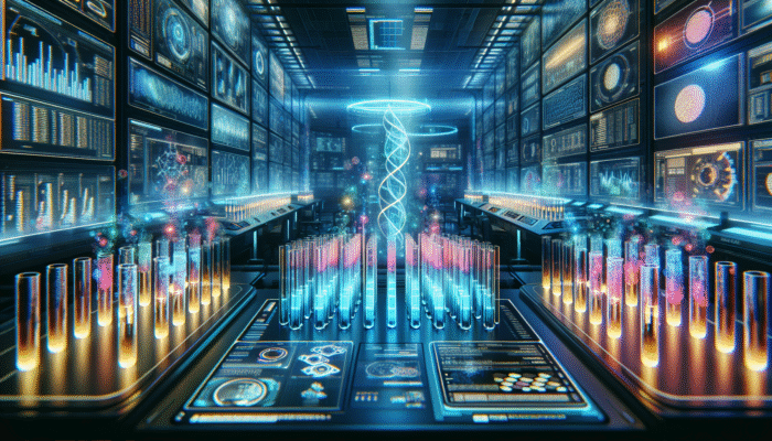 A high-tech laboratory scene featuring glowing test tubes and digital displays showcasing protein absorption data.