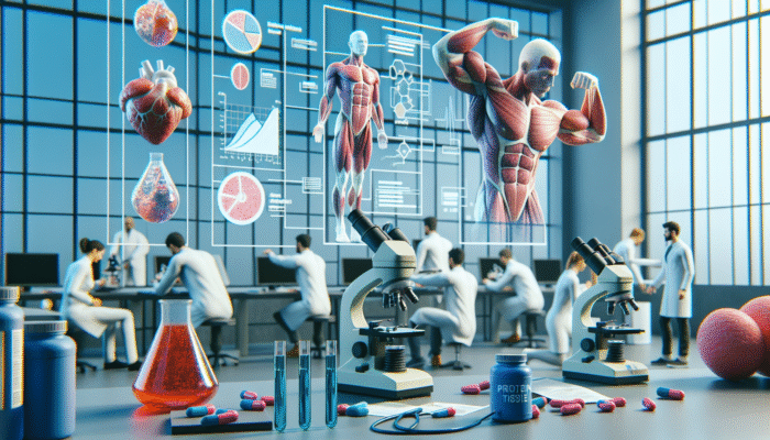 Researchers examining muscle tissue samples under microscopes, with charts and protein supplements visible.