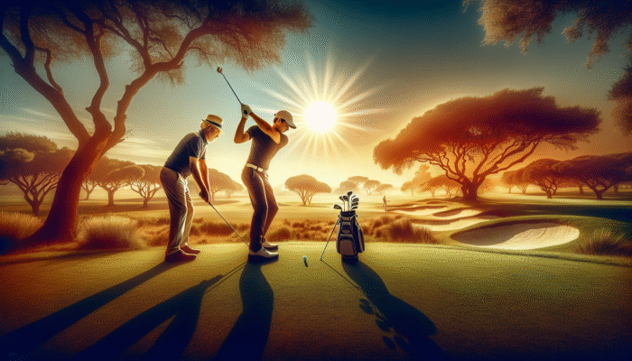 A professional golf coach in South Africa working with a player on swing adaptability under the African sun.