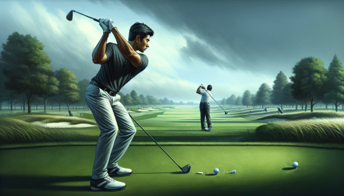 Golfer observing professional swing adaptations during a challenging local tournament.