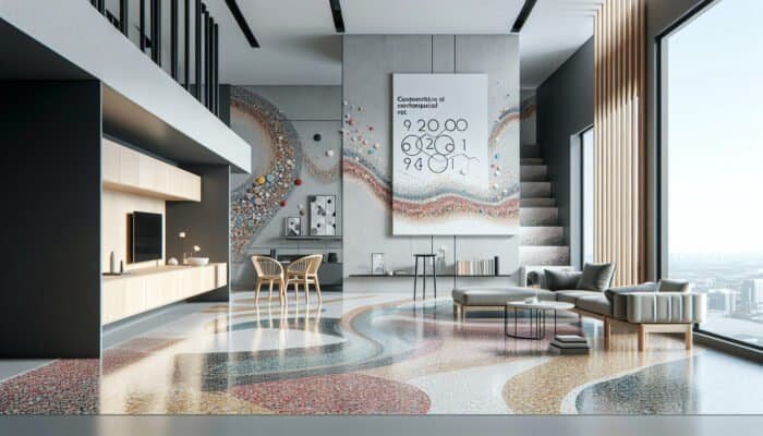 In-Depth Guide to Terrazzo Floor Restoration in West Lothian Homes: Featuring vibrant, swirling terrazzo flooring in a sleek, modern apartment.
