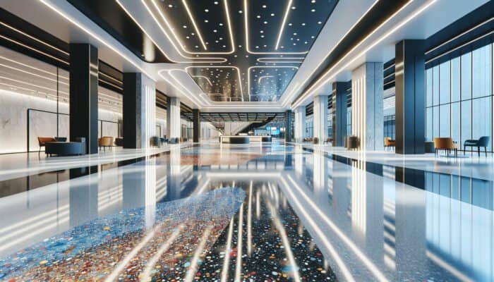 Bright epoxy terrazzo flooring in a modern commercial space, highlighting light reflection and durability.