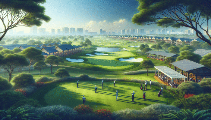 A panoramic view of Durban Country Club's golf facilities, featuring a championship course and practice range.