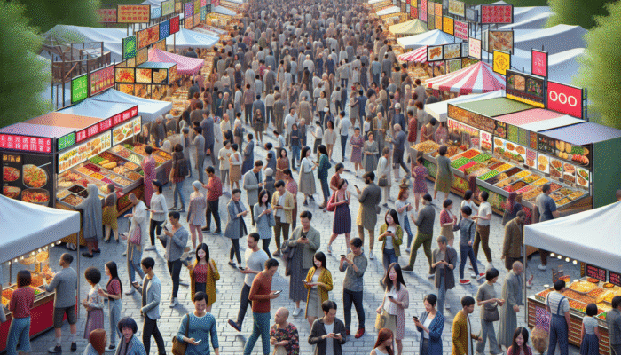 A vibrant festival scene showcasing diverse stalls, crowds, and tech-savvy attendees enjoying culinary delights.