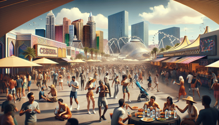 A lively Las Vegas festival scene with attendees using refillable water bottles and resting in shaded areas to stay hydrated.